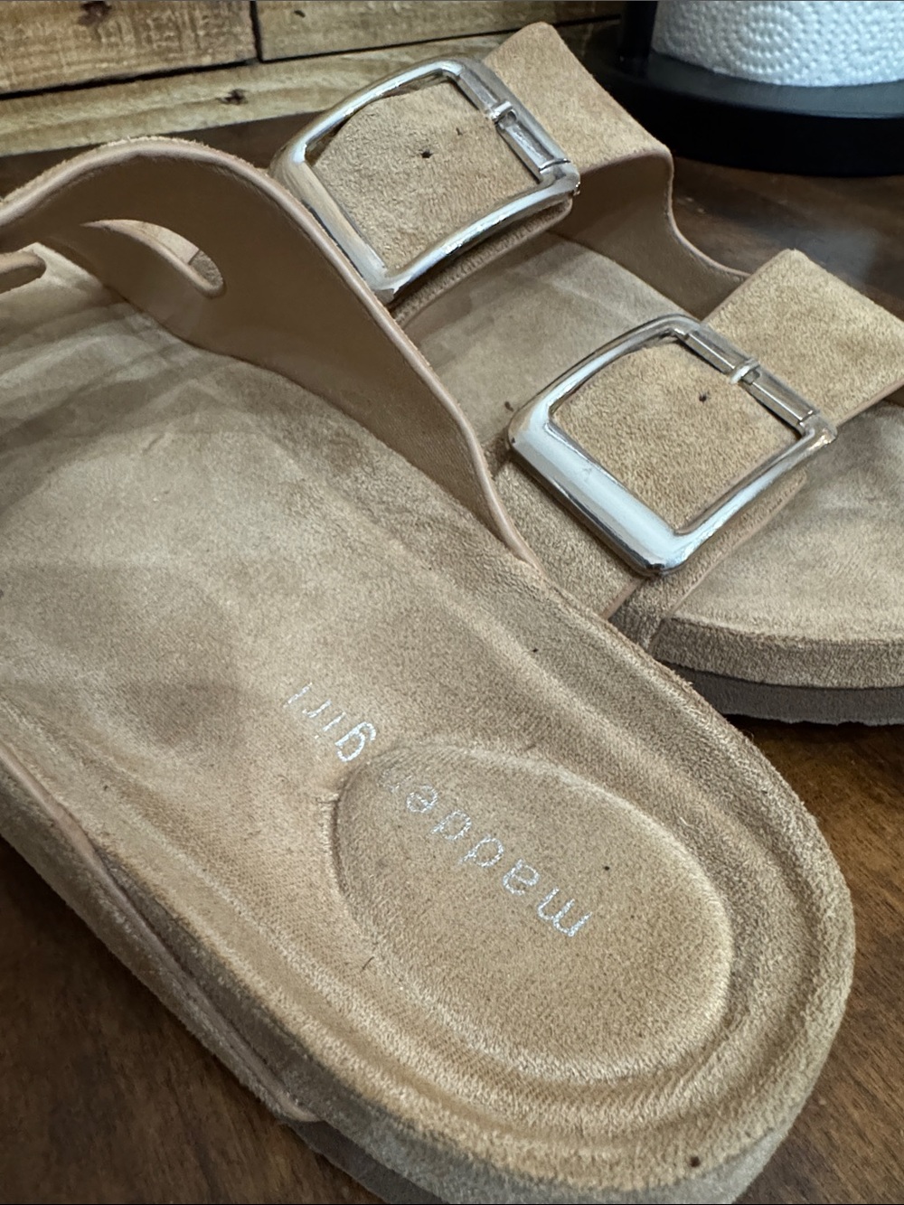 Madden Girl Double Buckle Suede Slide Sandals in Taupe - Picture 4 of 5